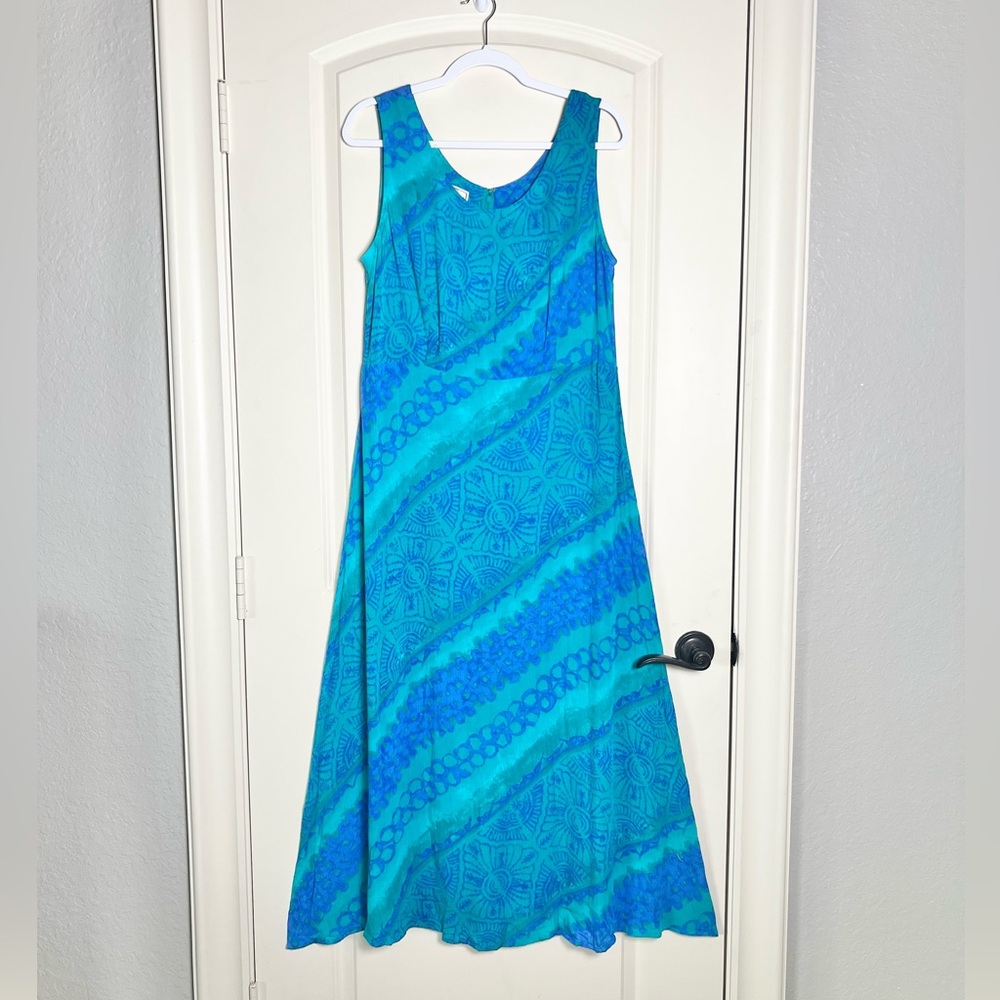 Vintage Karin Stevens Blue Abstract Print Sleeveless Maxi Dress | Size 14